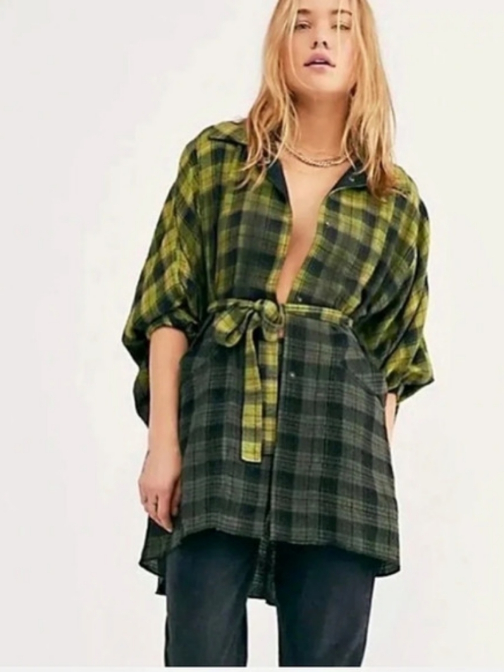 Free People You Wish Plaid Ombre Belted Flannel Shirt Jacket Small Bohoboughie